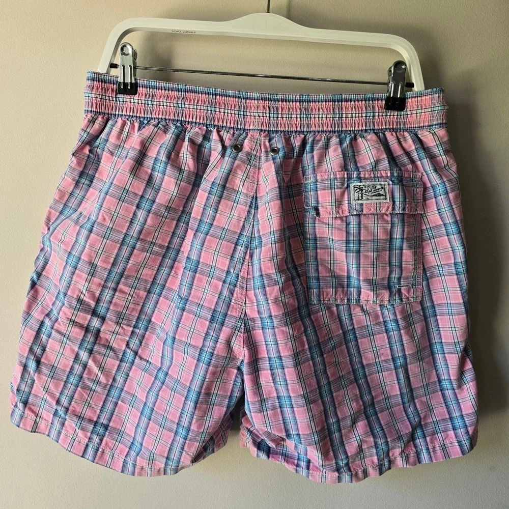 Polo Ralph Lauren Mens Pink Blue Plaid Swim Trunks Mesh Lining Size‎ L Large